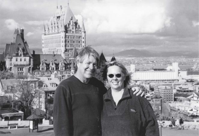 Skip and Rebecca with a view of Quebec City